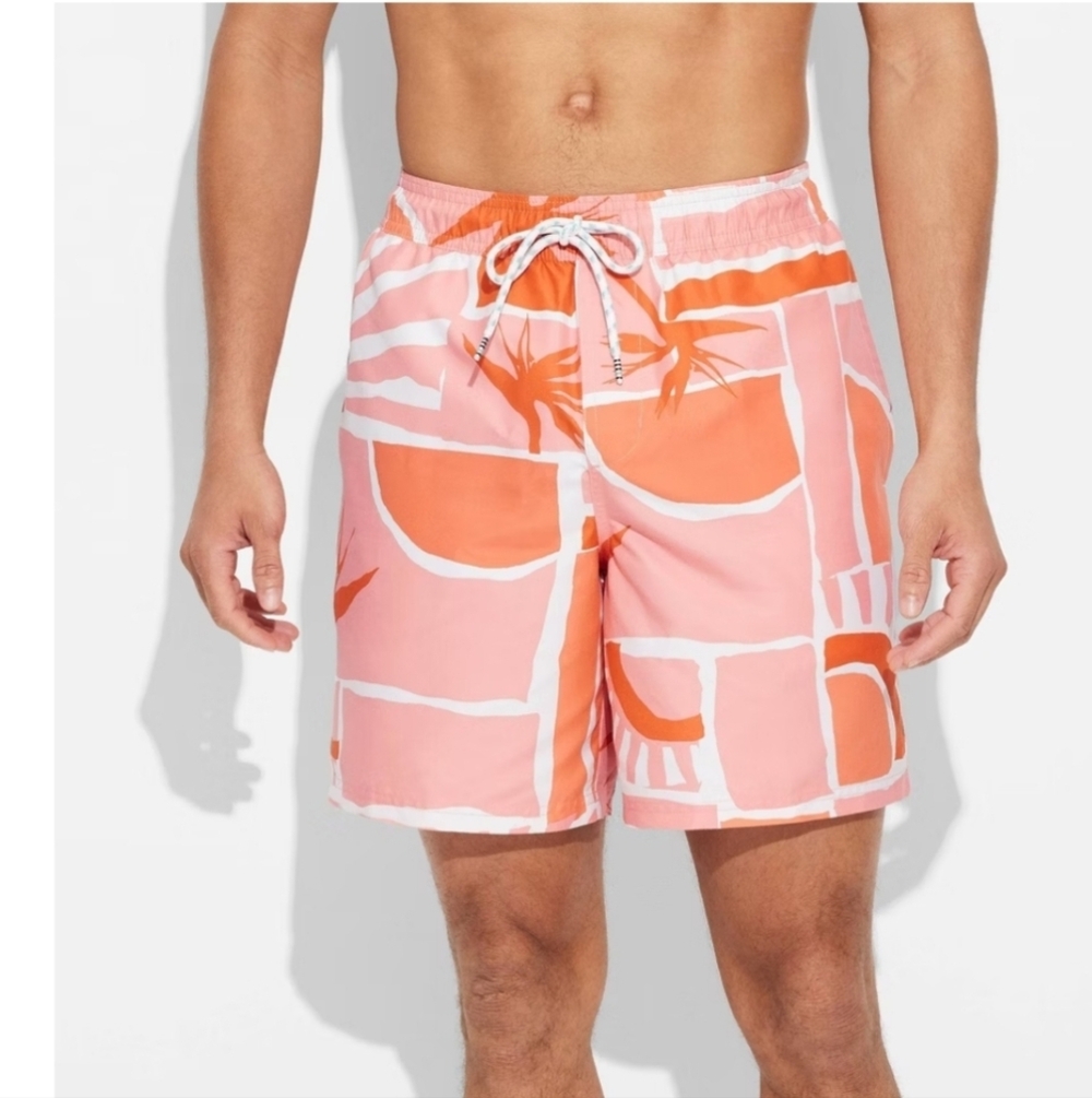 Men's 7" Abstract Print Woven Swim Shorts - Original Use Orange M